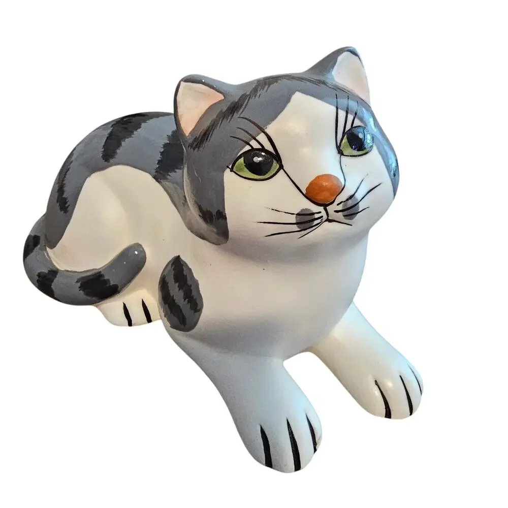 Vintage 1985 Royal Orleans Ceramic Tabby Cat Figurine Gray White Kitty Japan